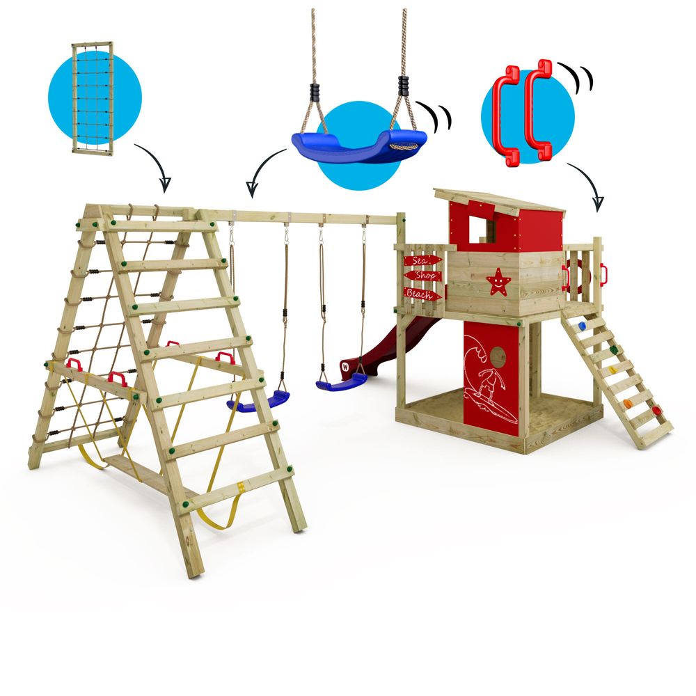 Kletterturm Wickey Smart Surf mit Rutsche und Kletteranbau in Rot
