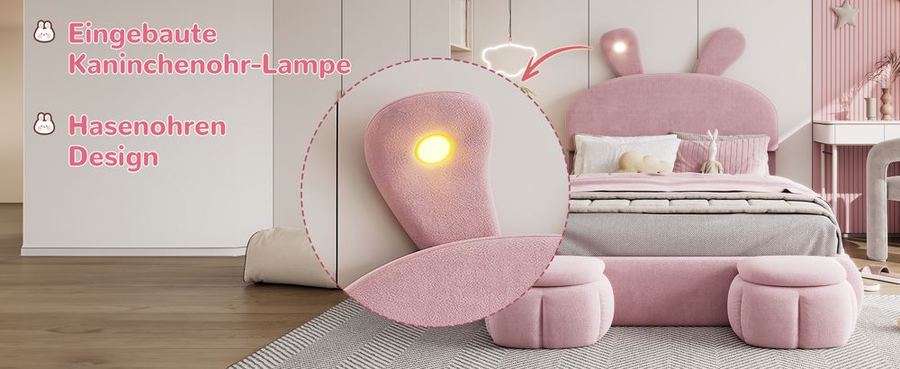 MODFU Kinderbett Polsterbett 140×200 cm mit warmfarbene LED-Licht, Jugendbett Doppelbett mit Kopfteil in Hasenohrenform und zwei Aufbewahrungshockern, Samt(Ohne Matratze), Boxspringbett Hydraulisches mit Bettkasten Stauraum, Samt Rosa
