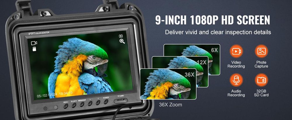 VEVOR Abwasserkamera Rohrinspektionskamera mit 512hz Sonde 22,9 cm 720p Bildschirm 50,3m, Ohne Positionierungsreceiver-a, 30 m-a