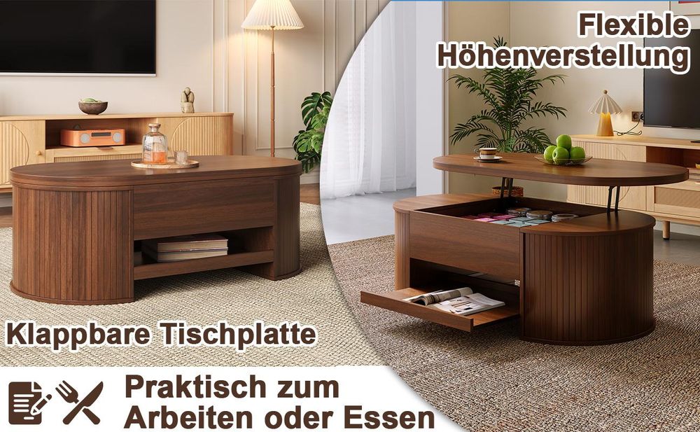 okwish Couchtisch mit anhebbarer Tischplatte, ausziehbarem Regal und gebogenen Holzseiten, Wohnzimmertisch, Beistelltisch, multifunktional, Walnuss