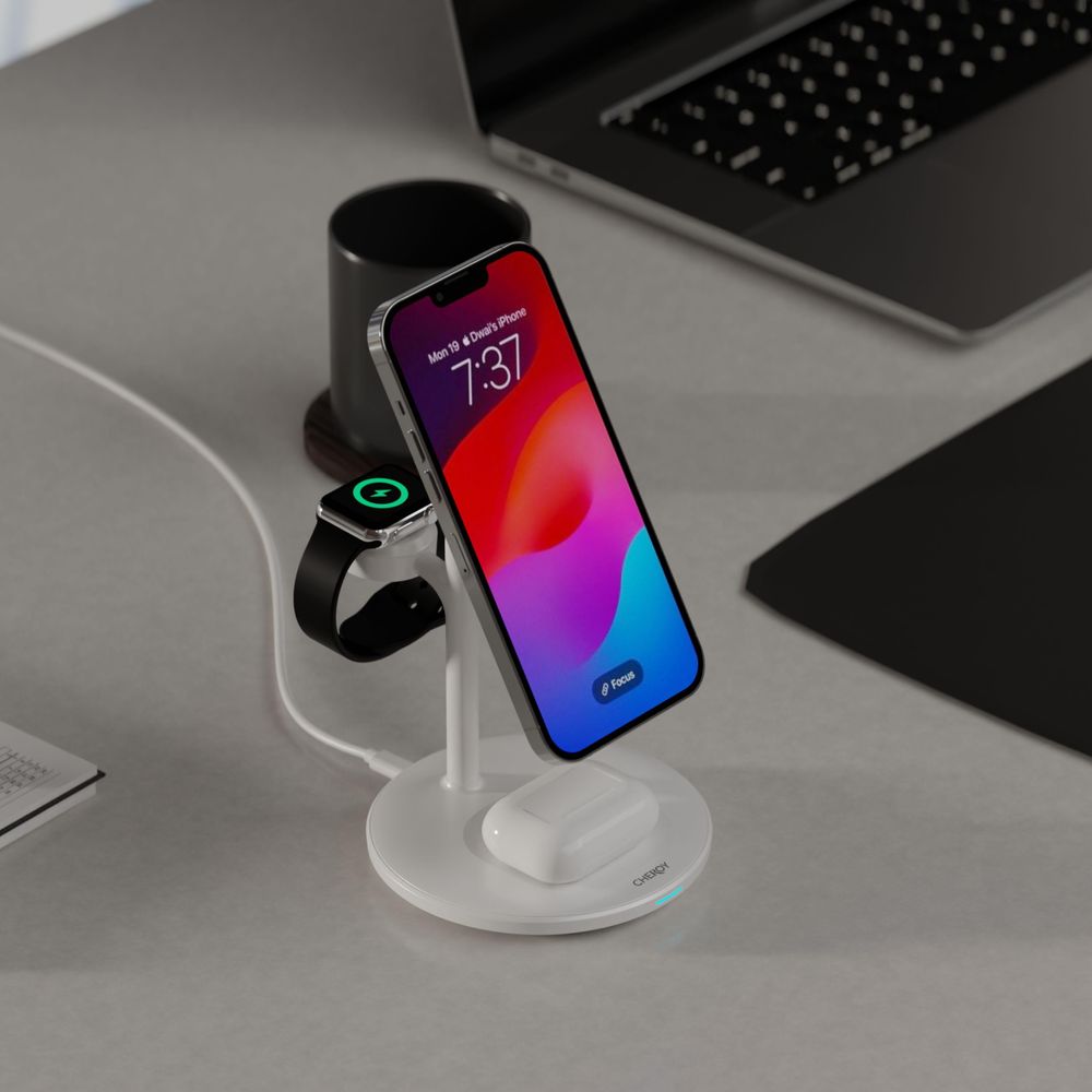 CHEROY PowerTrio 3-in-1 Draadloze Oplader - 15W Qi Oplaadstation - Geschikt voor MagSafe iPhone, Apple Watch, AirPods - Wit