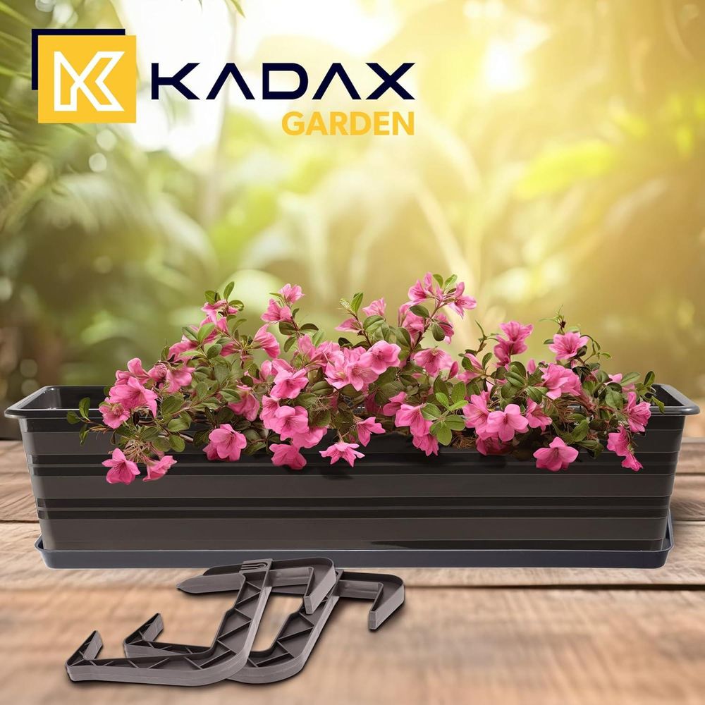 KADAX Blumenkasten mit Untersatz und Balkonkastenhalterung "Cati", aus Kunststoff, Blumentopf für Balkon, 60 cm, Anthrazit