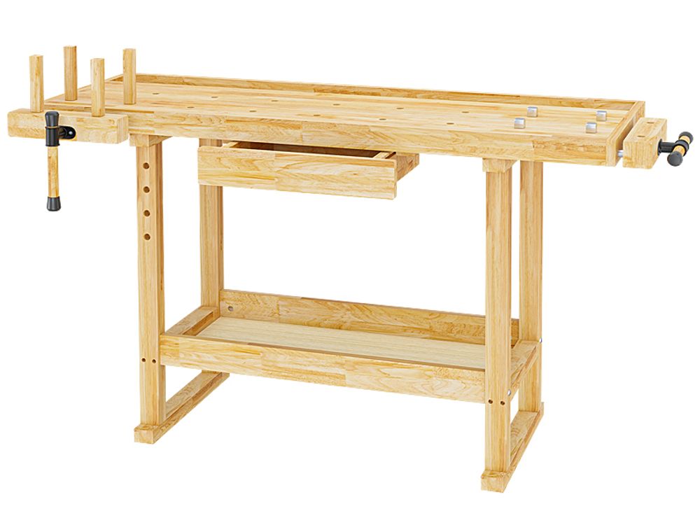 Wiltec Werkbank 151 x 61,5 x 86 cm aus Holz, Werktisch aus Rubberwood, Hobelbank bis 150 kg belastbar, Werkzeugbank mit Schublade und Spannzangen