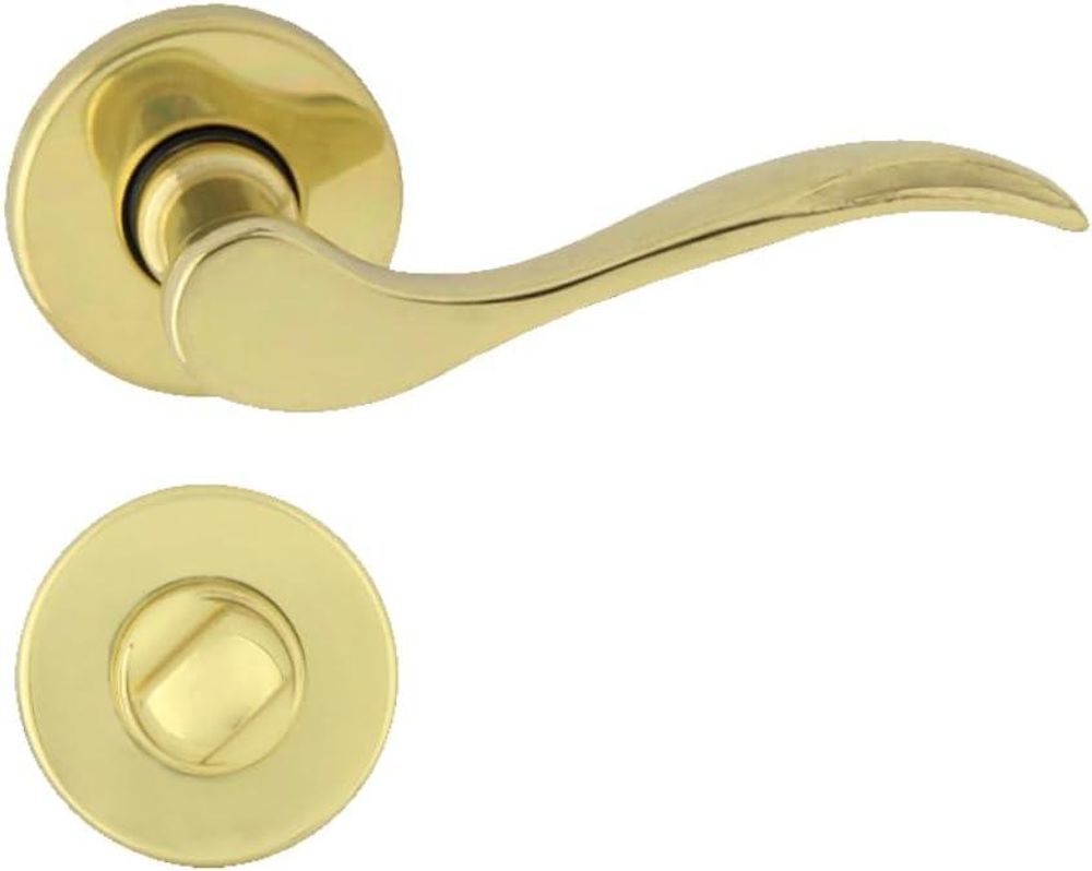 DOMINO Türgriff Drückergarnitur WC -Badezimmer Set | Rund-Rosette | Türklinke für Bürotür, Kellertür & Innentür | Türbeschläge aus Messing |Messing Glänzend Türdrückergarnitur | VENUS-R M1