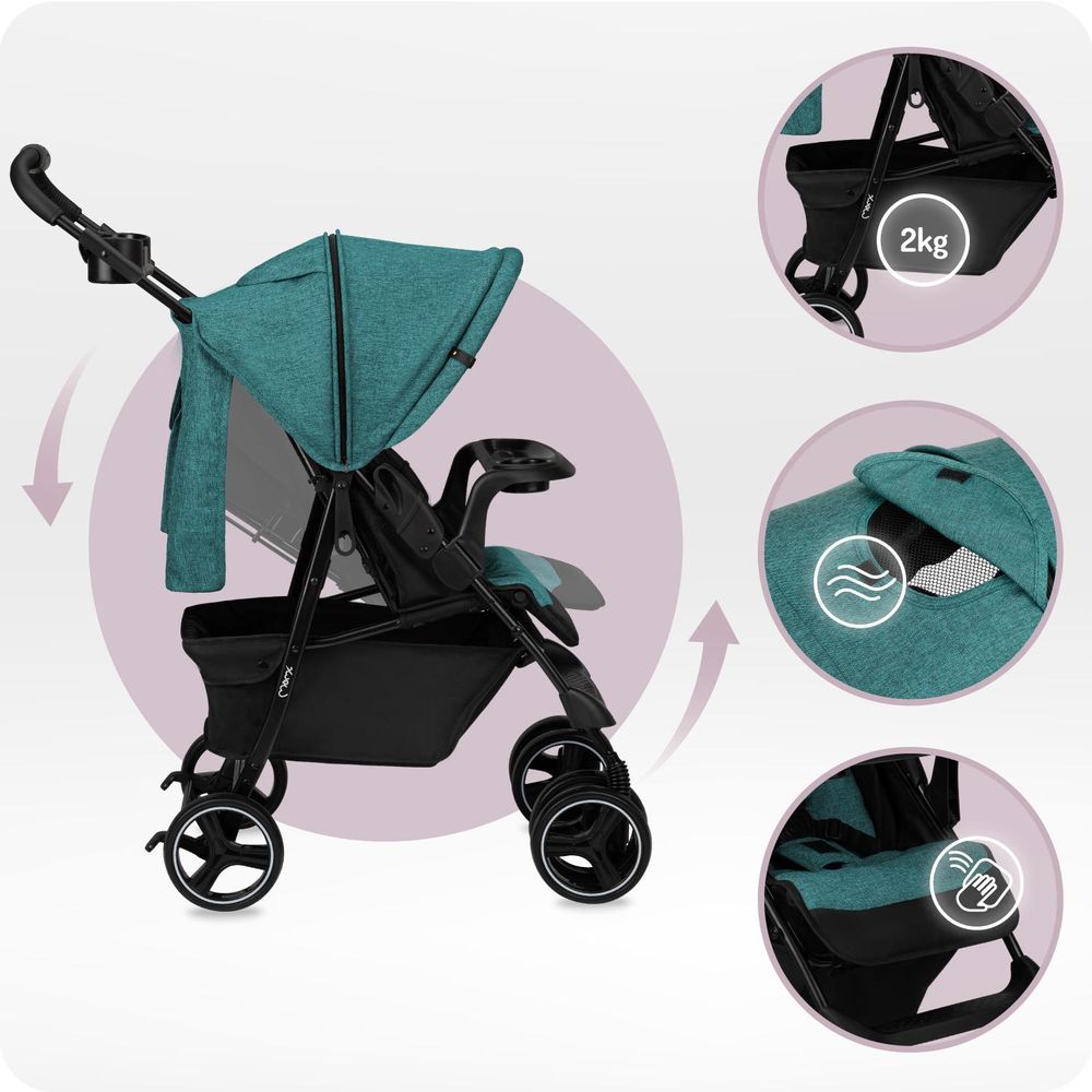 MoMi ISLA – Ultraleichter Baby Kompaktbuggy ab Geburt, verstellbar mit Sonnenverdeck, inkl. Organizer, Fußsack & Tasche, ideal für Reisen – Grün