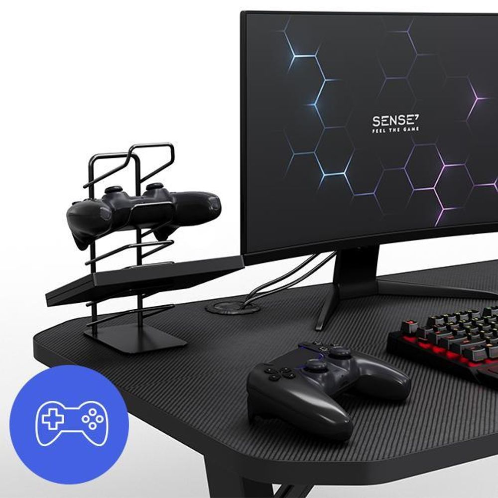 SENSE7 Nomad Basic – stół do gier, biurko 140 x 60 cm, stół komputerowy, stół do komputera, biurko dla graczy, wykończenie w stylu karbonowym, uchwyt na słuchawki, uchwyt na napoje, system zarządzania kablami