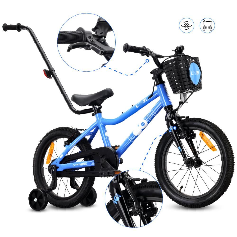 Vélo pour enfants SUN BABY LOOFI 16 pouces, vélo léger en aluminium de 6,9 kg pour les enfants à partir de 4 ans, avec roues stabilisatrices, panier et sonnette, pour garçons et filles