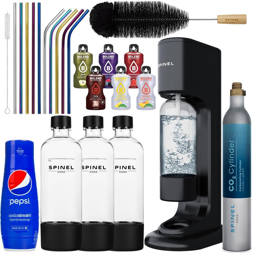 SPINEL SODA BubbleOn Wassersättiger + 1L Flasche + Pepsi Sirup 440ml + 10 Wiederverwendbare