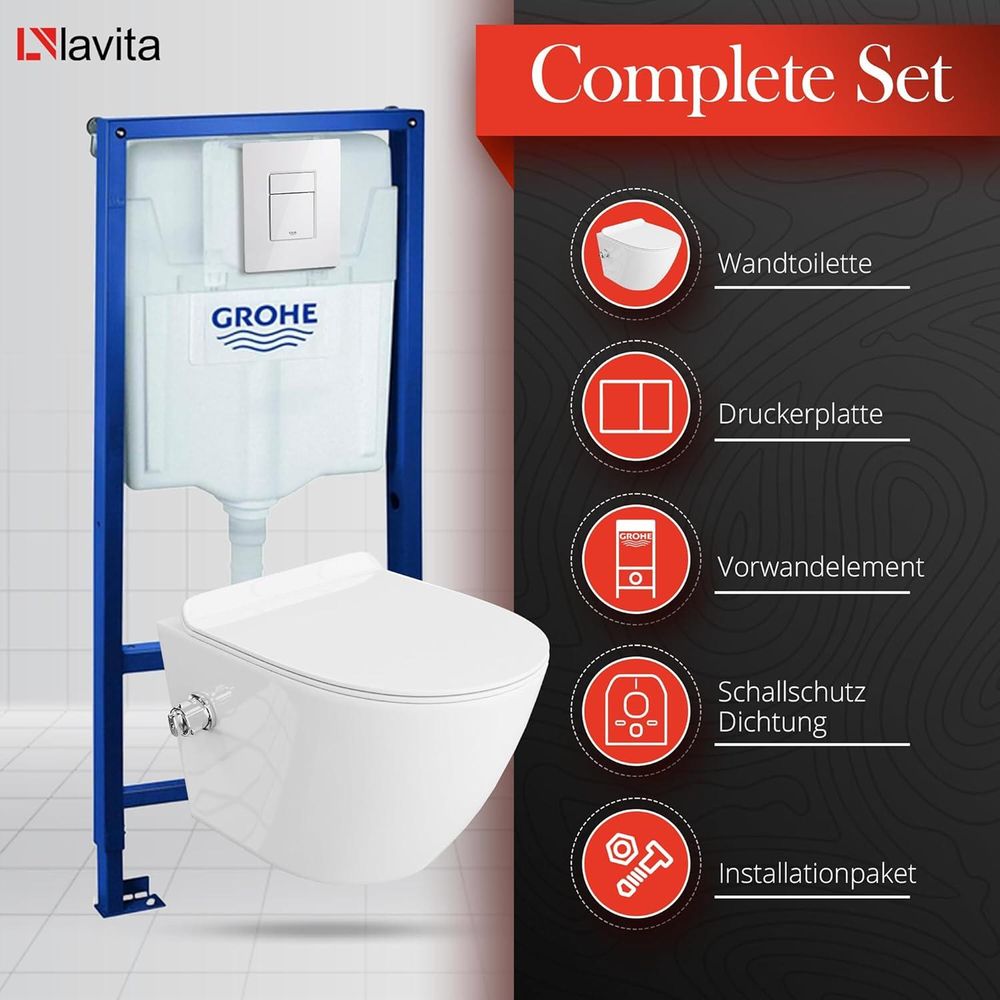 GROHE Vorwandelement Solido + Wand Hänge WC Salto Weiß Spülrandlos + WC-Sitz SoftClose | Glänzend Weiß Knopf | Komplettset | Unterputz Spülkasten | Toilette Komplett Sett