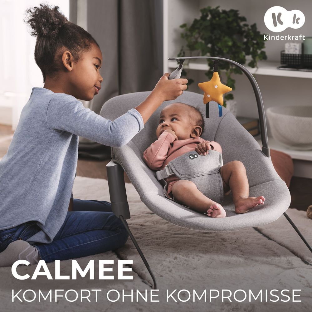Kinderkraft CALMEE Babyliege - Natürliches Schaukeln - 3-Punkt-Gurt - Leicht & Stabil - Spielbügel - Weicher Sitz - Leicht zu Reinigen - Grau