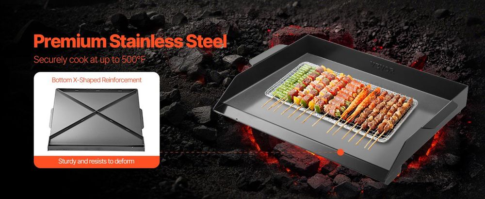 VEVOR Edelstahl-Grillplatte, 36x22 Zoll Universelle Flachgrill-Rechteckplatte, Gasgrill-Grillplatte für BBQ-Grill, Teppanyaki, Tragbares Familienkochgeschirr mit Griff, für Camping und Grillpartys, 502x370 mm