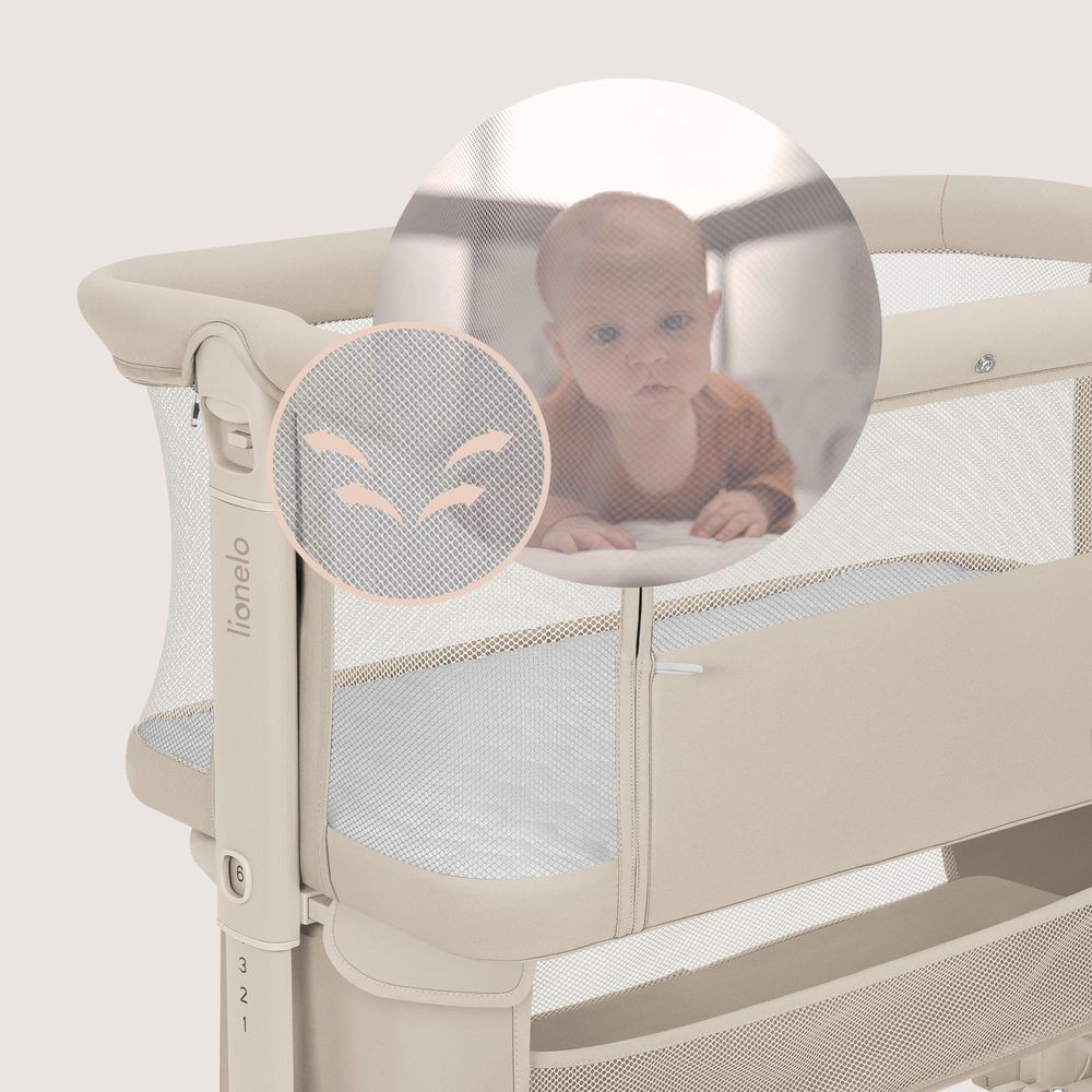 Lionelo Jodie Lettino aggiuntivo 3 in 1 per neonati, culla, lettino regolabile in altezza, materasso e zanzariera - Beige
