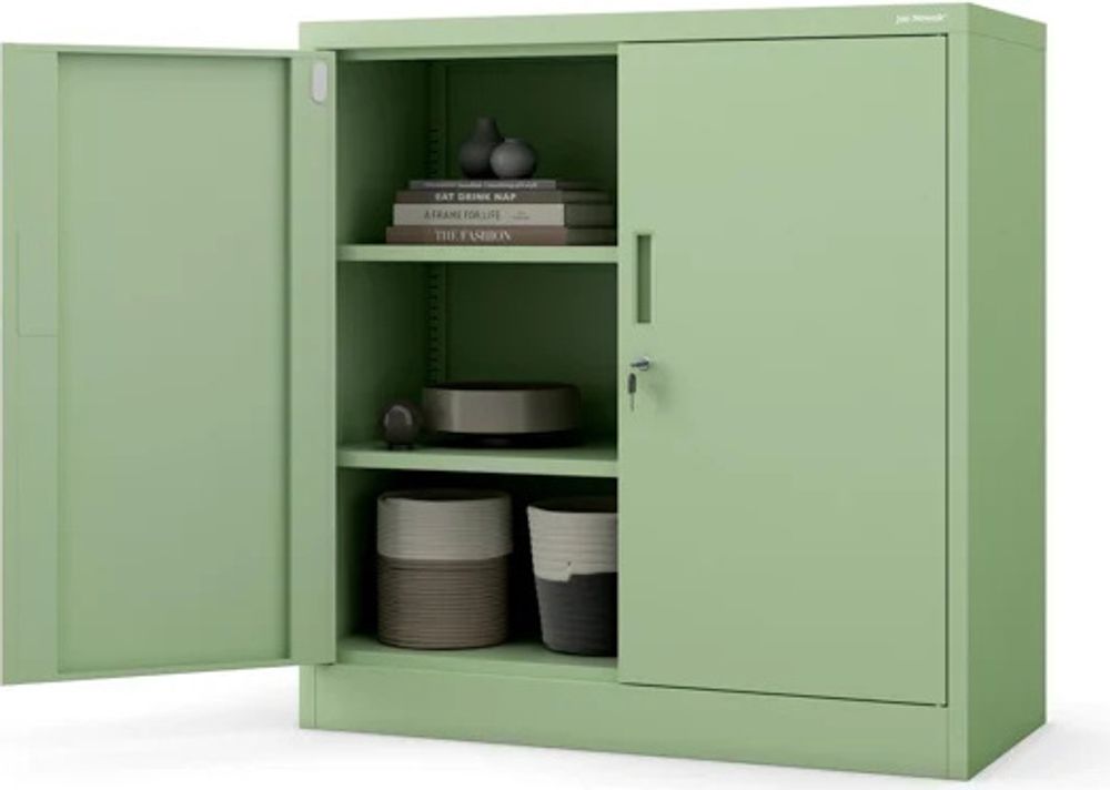 Kleiner Aktenschrank C001B Büroschrank mit Flügeltüren Metallschrank Lagerschrank Pulverbeschichtet Stahlblech Abschließbar 92,5 x 90 x 40 cm, Farbe: Pastellgrün