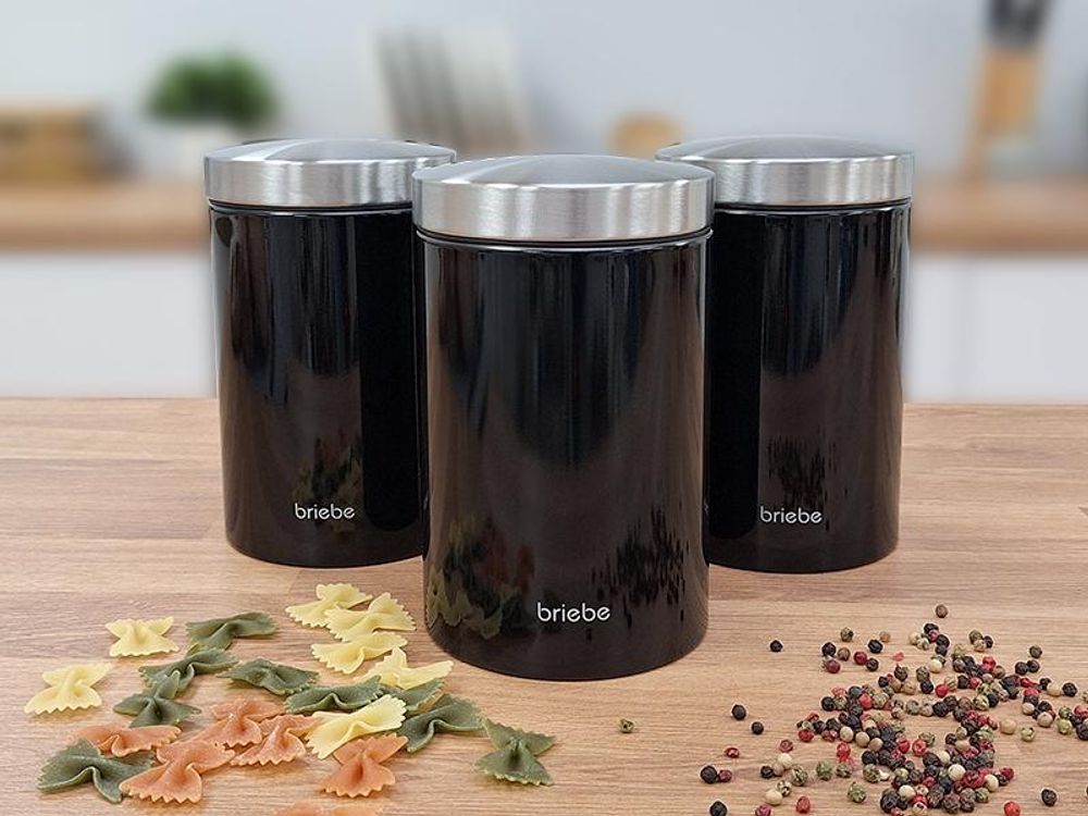 Briebe BB1161 Set aus Brotkasten +3 Küchenvorratsdosen aus Robustem Edelstahl Modernes Design Schwarz/Edelstahl