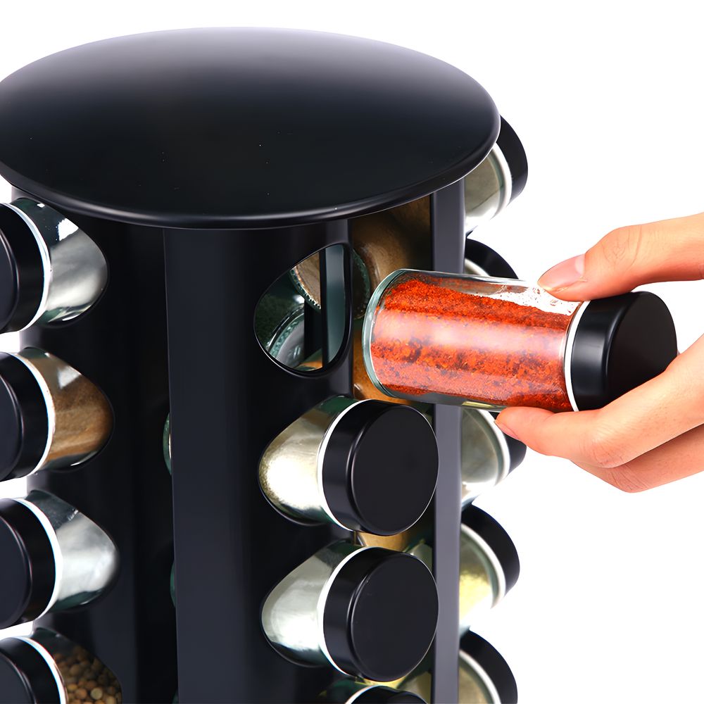 Gewürzkarussell 360° Drehbar mit 16 luftdichten Gewürzgläsern, Gewürzregal Organizer inkl. 96 Etiketten, Gewürzhalter Set für Küche aus Schwarz Retoo