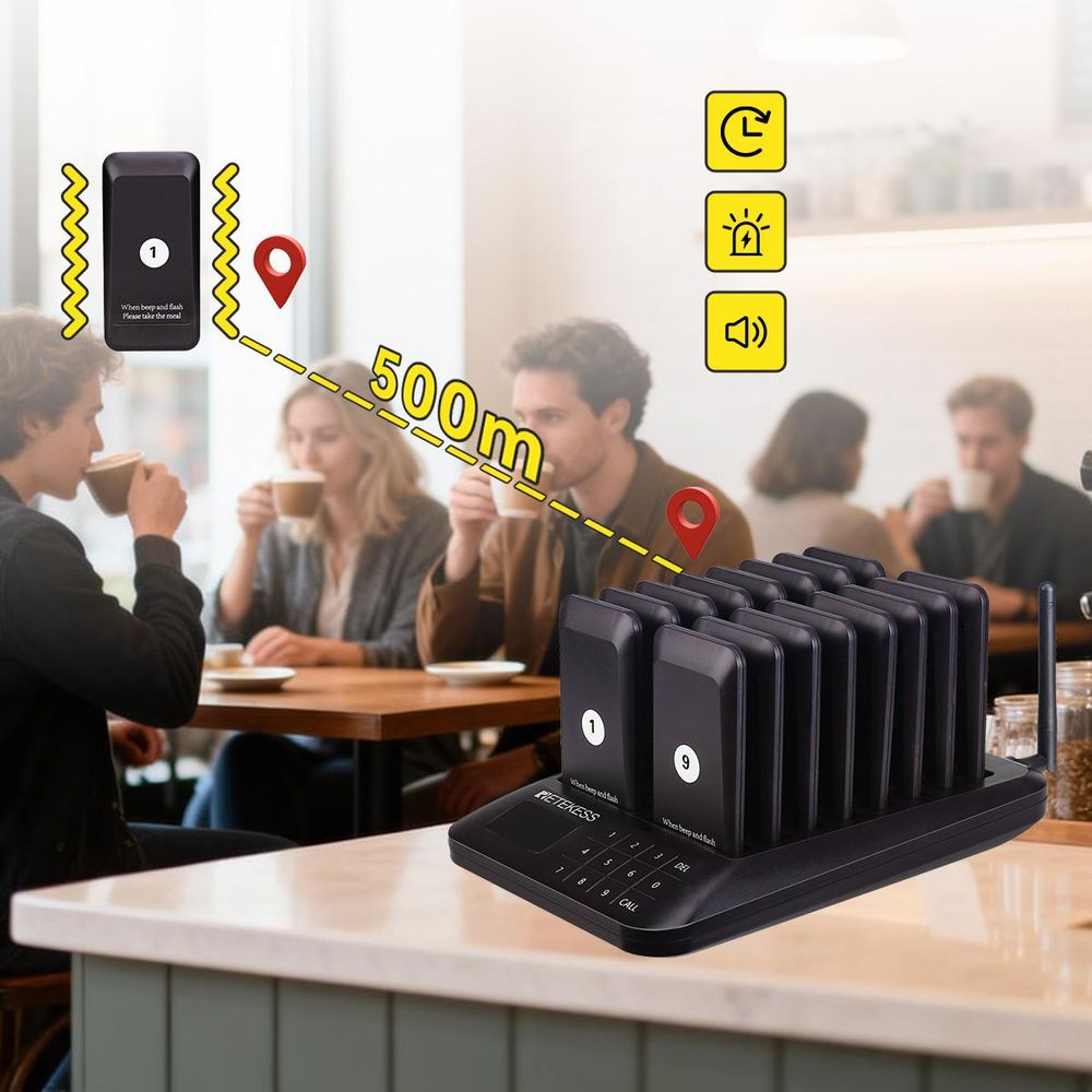 Retekess TD157 Restaurant Pager System, 16 Pagers, 500M Pager Rufsystem, 2 Rufmod, 24H Pager Pieper für Food Court, Café, Bar,998 Kanäle walkie talkie