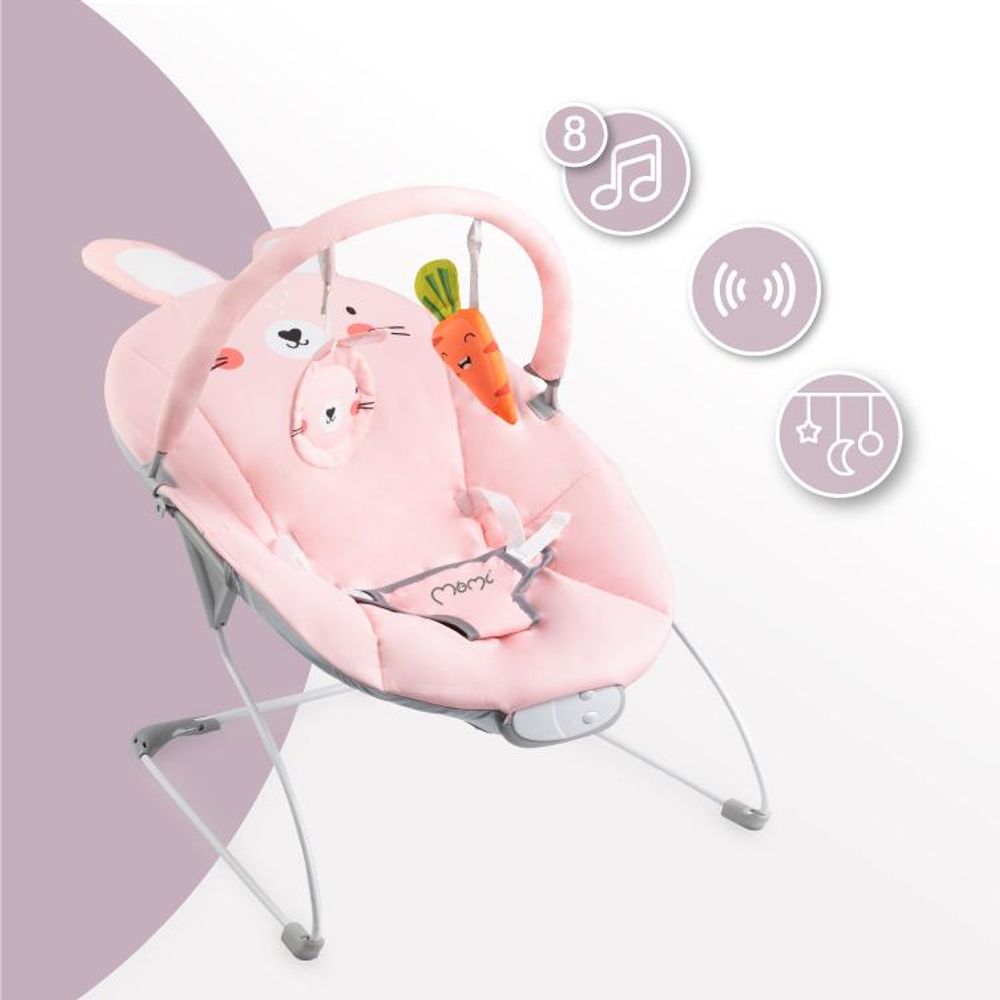 MoMi GLOSSY – Babywippe mit Musik, Vibration, Spielbogen, Tragegriff – Rosa