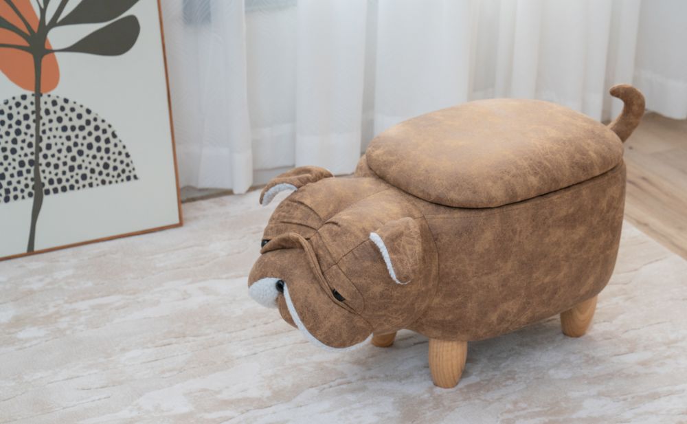 SVITA Tierhocker mit Stauraum Kinderhocker Ordnungshelfer Sitzhocker Polster mit Holzbeinen Kinderzimmer Deko Sitzbox Tier-Motiv Mops Hellbraun