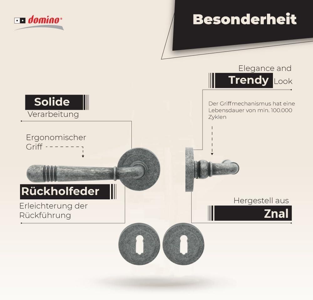 DOMINO Türgriff Drückergarnitur BB-Buntbart| Rund Rosette | Türklinke für Zimmertür, Bürotür, Kellertür & Innentür | Znal | Nickel Antike | LOFT-R M95