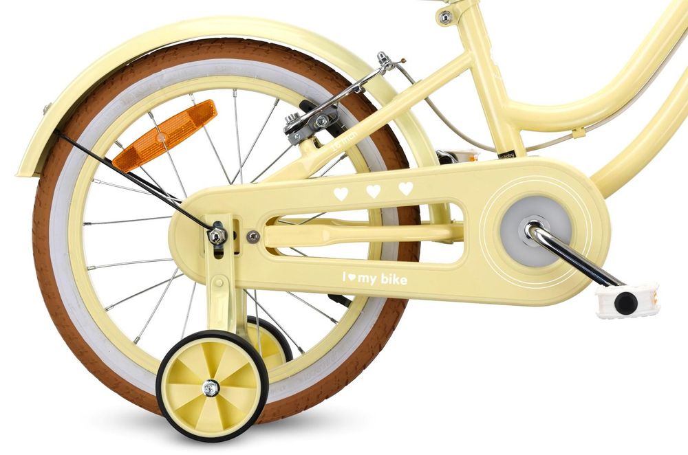 Detalle de los ruedines y la transmisión protegida de la bicicleta.