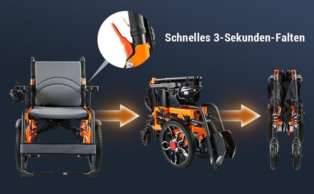 Elektrorollstuhl faltbar für Erwachsene und Senioren, 500W, 20 km Reichweite, 24V 12Ah Lithium-Akku, Joystick, bis 150 kg, mobiler E-Rollstuhl Orange