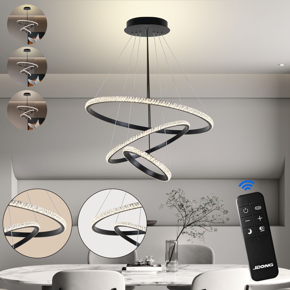 3 Ringen Moderne LED Hängelampe Esstisch,54W LED Hängeleuchte & Pendelleuchten Höhenverstellbar für Esszimmer Wohnzimmer,Dimmbar Hängeleuchte Aluminium Mit Fernbedienung,3000K-6500K,Schwarz