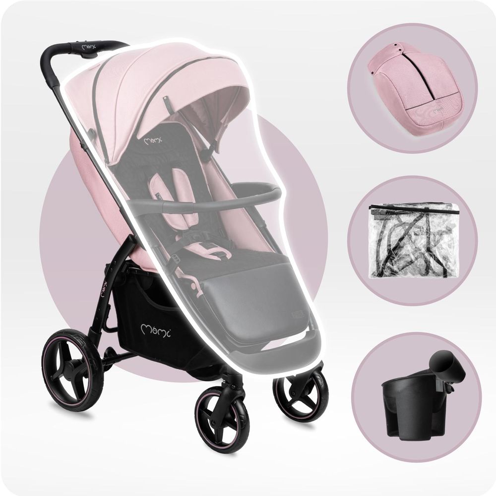 MoMi MIYA Kinderwagen Buggy – 10" Räder, Moskitonetz, Regen- & Fußschutz – Rosa
