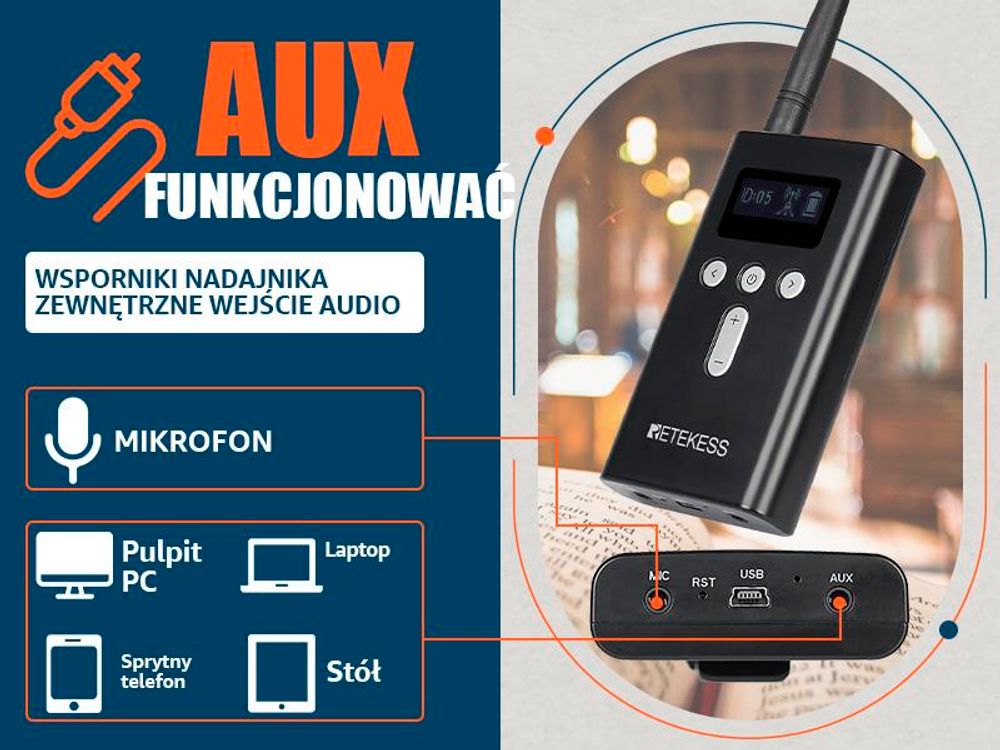 Retekess T130S TOUR guide system, komunikator bezprzewodowy, 49 kanałów, standby 20H, 100M, technologia PLL, dla biur podróży