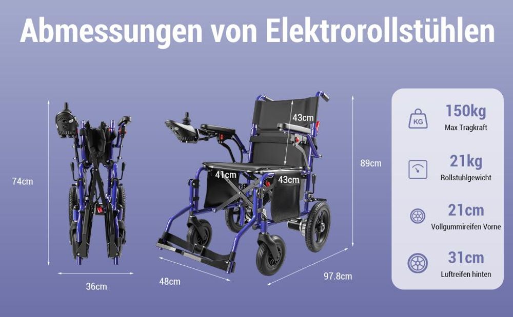 Elektrorollstuhl faltbar mit Joystick, Faltrollstuhl für Erwachsene, Armlehnen, Fußstützen, Sicherheitsgurt, bis 150 kg, Pflegealltag