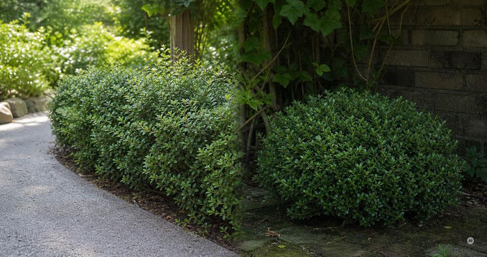 Split-Bild: Ilex-Hecke in sonniger Einfahrt / Ilex-Kugel im schattigen Innenhof.