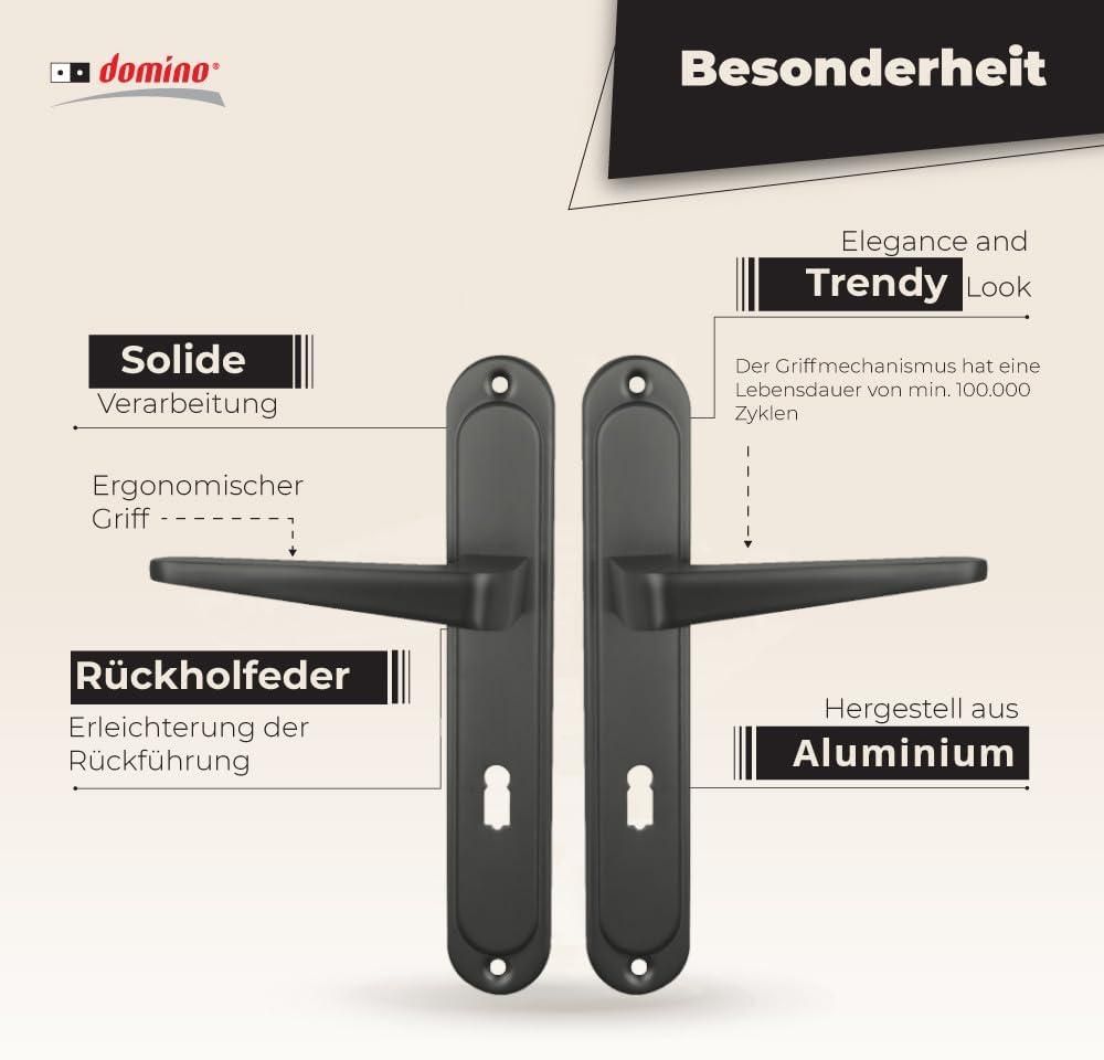 Domino Türgriff 72 Drückergarnitur BB-Buntbart Set | Langschildgarnitur | Türklinke für Zimmertür, Bürotür, Kellertür & Innentür | L-Form | Türbeschläge aus Aluminiuml | Titan | VITA M8