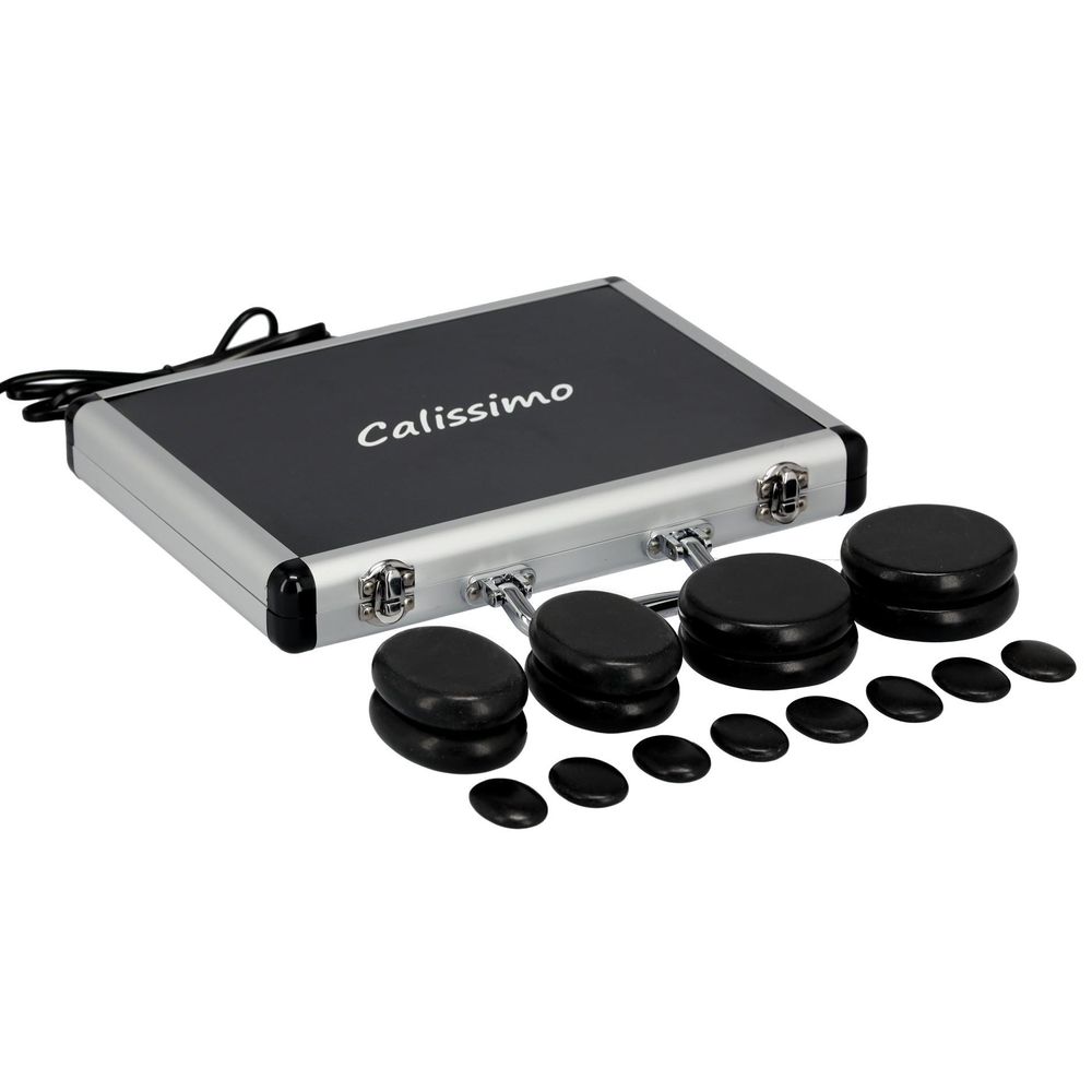 16-teiliges Hot Stone Massagesteine Set aus schwarzem Basalt im Etui für SPA