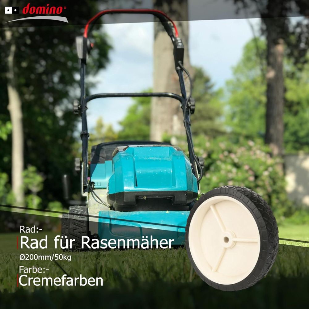 DOMINO Rasenmäherrad 200mm 50kg | Universal-Mährad für Handgeführte Gartenrasenmäher | Kunststoffrad mit Gummireifen | Cremefarben |Klassisches Design