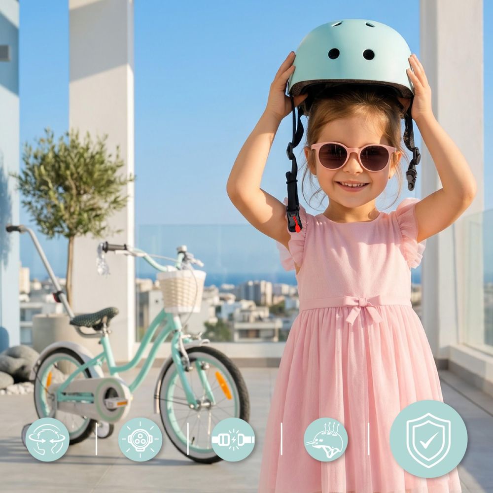 Meisje met helm en fiets, pictogrammen van LED-licht en veiligheid