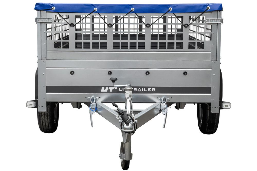 Pkw Transport Anhänger 230x125 Garden Trailer 230 KIPP mit Laubgitteraufsatz, blauer Flachplane und Stützrad