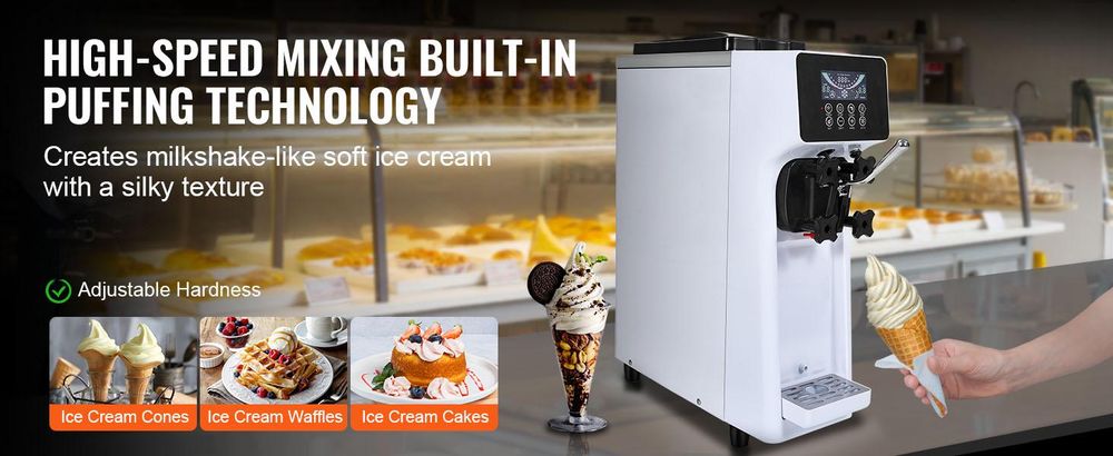 VEVOR Kommerzielle Eiscreme-Maschine, 10 L/h Leistung, 900 W, Softeismaschine für eine Geschmacksrichtung, auf der Arbeitsplatte, mit 4 L Trichter, 1,6 L Zylinder, LCD-Bildschirm, Vorkühlung