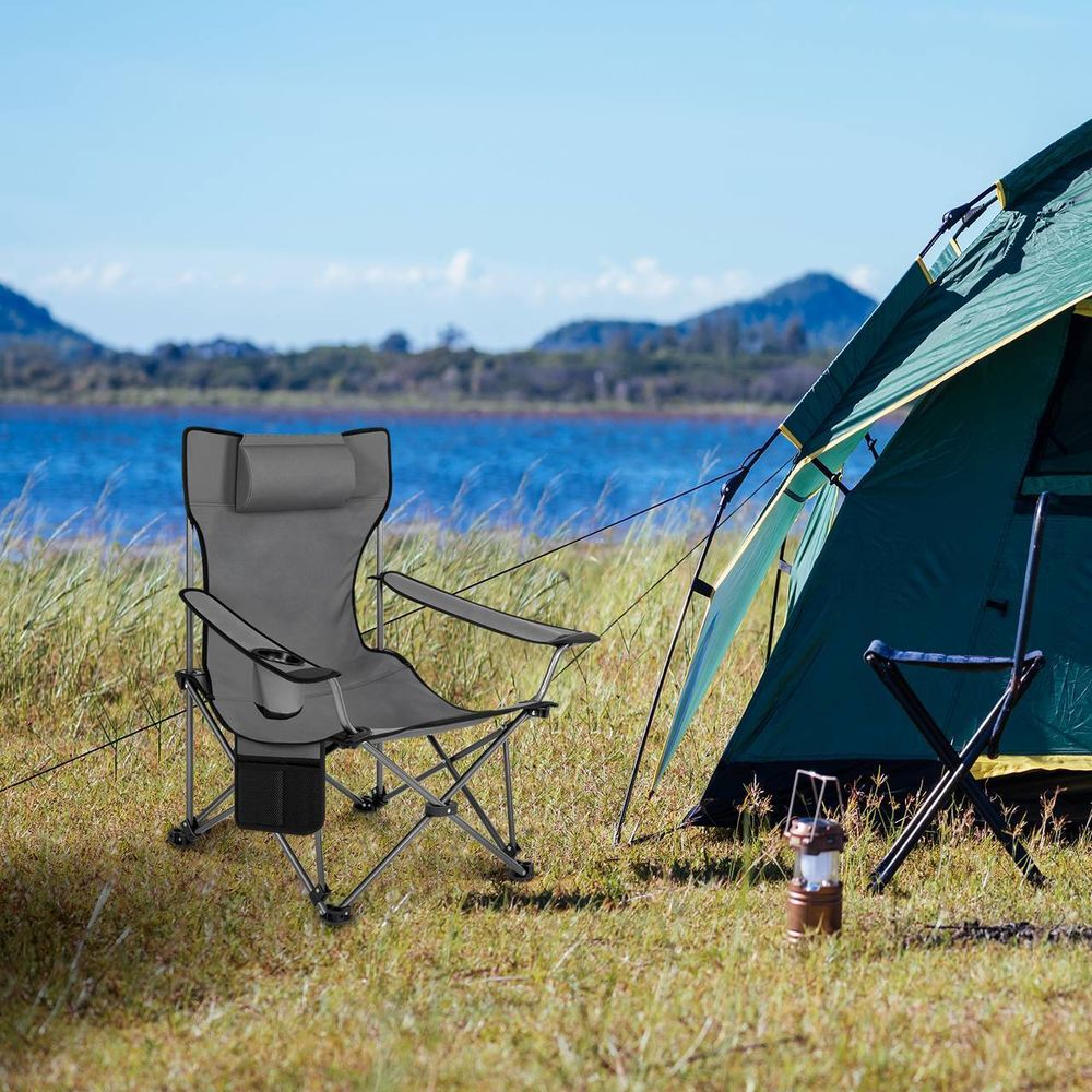 WOLTU Campingstuhl klappbarer Angelstuhl ultraleichter Stuhl Liegestuhl mit Lehne Fußstütze Getränkehalter Aufbewahrungstasche Sonnenstuhl belastbar 150 kg Faltstuhl aus Oxford-Gewebe, grau