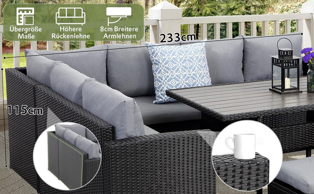 MEXO Gartenmöbel-sets Terrassenmöbel Set, Rattan Eckbänke mit Esstisch für 6-9 Personen, Dining Lounge set outdoor wetterfest, Wintergarten schwarz