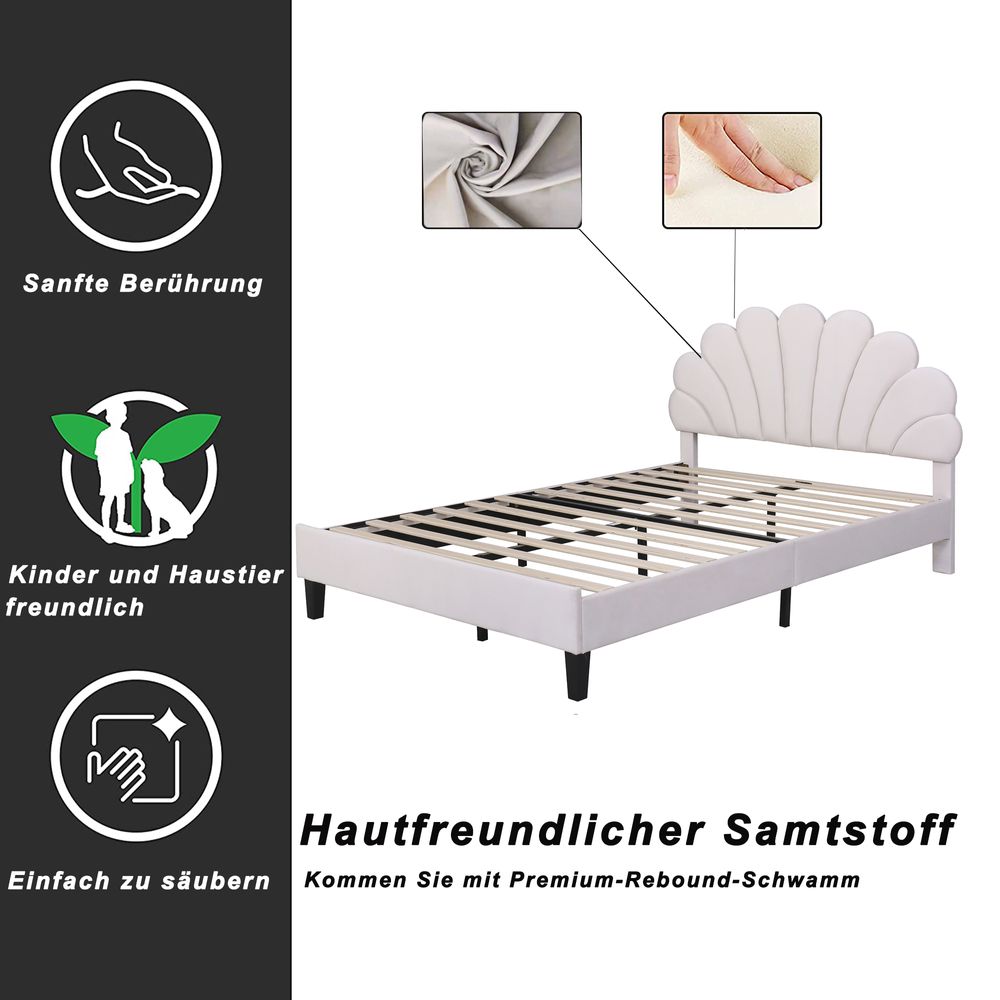 Flieks Polsterbett mit Blumenform-Kopfteil und Lattenrost Doppelbett Kinderbett Samt 140x200cm