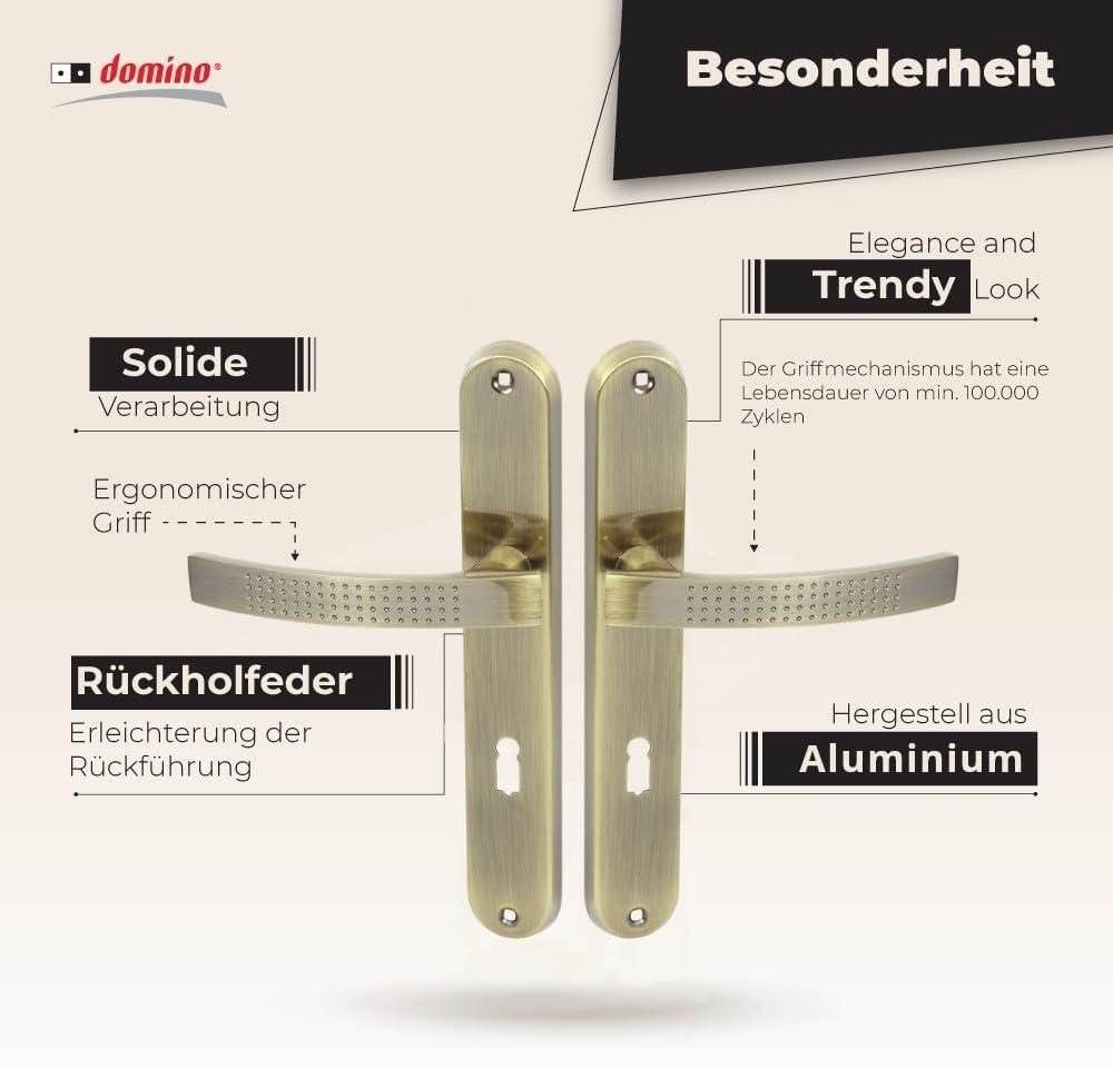 DOMINO Türgriff 72 Drückergarnitur BB-Buntbart Set | Türklinke für Zimmertür, Bürotür, Kellertür & Innentür | L-Form |Aluminium | Bronze | ALMA ECO M3