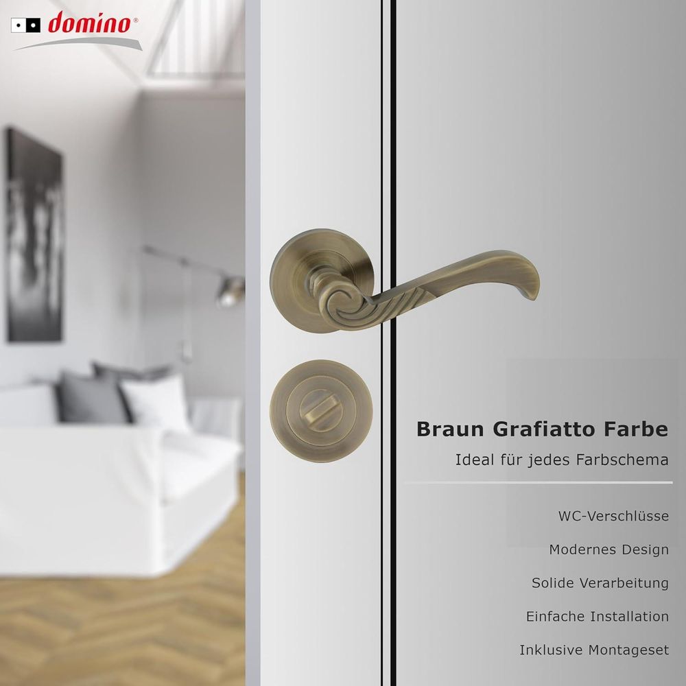 DOMINO Türgriff Drückergarnitur WC -Badezimmer Set | Rund-Rosette | Türklinke für Bürotür, Kellertür & Innentür | Aluminium | Bronze | CASABLANKA-R M3