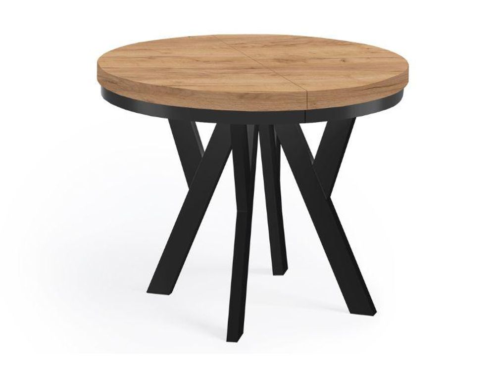 DEKORI Runder Ausziehbarer Tisch für Esszimmer, PERO mit einem Ring-Gestell, Loft-Stil, Durchmesser: 90 / 140 cm, Farbe: Eiche Craft Golden / Schwarz