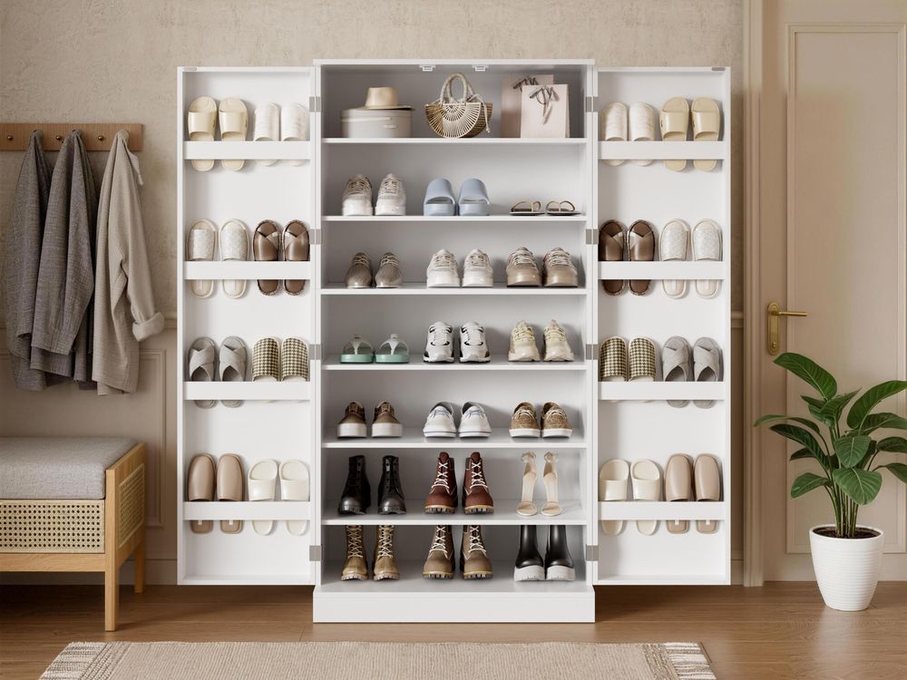 Merax Schuhschrank Groß , Hochschrank mit Türen und Einlegeböden, Schuhregal mit Stauraum, Flurschrank Sideboard, Aufbewahrungsschrank, Weiß