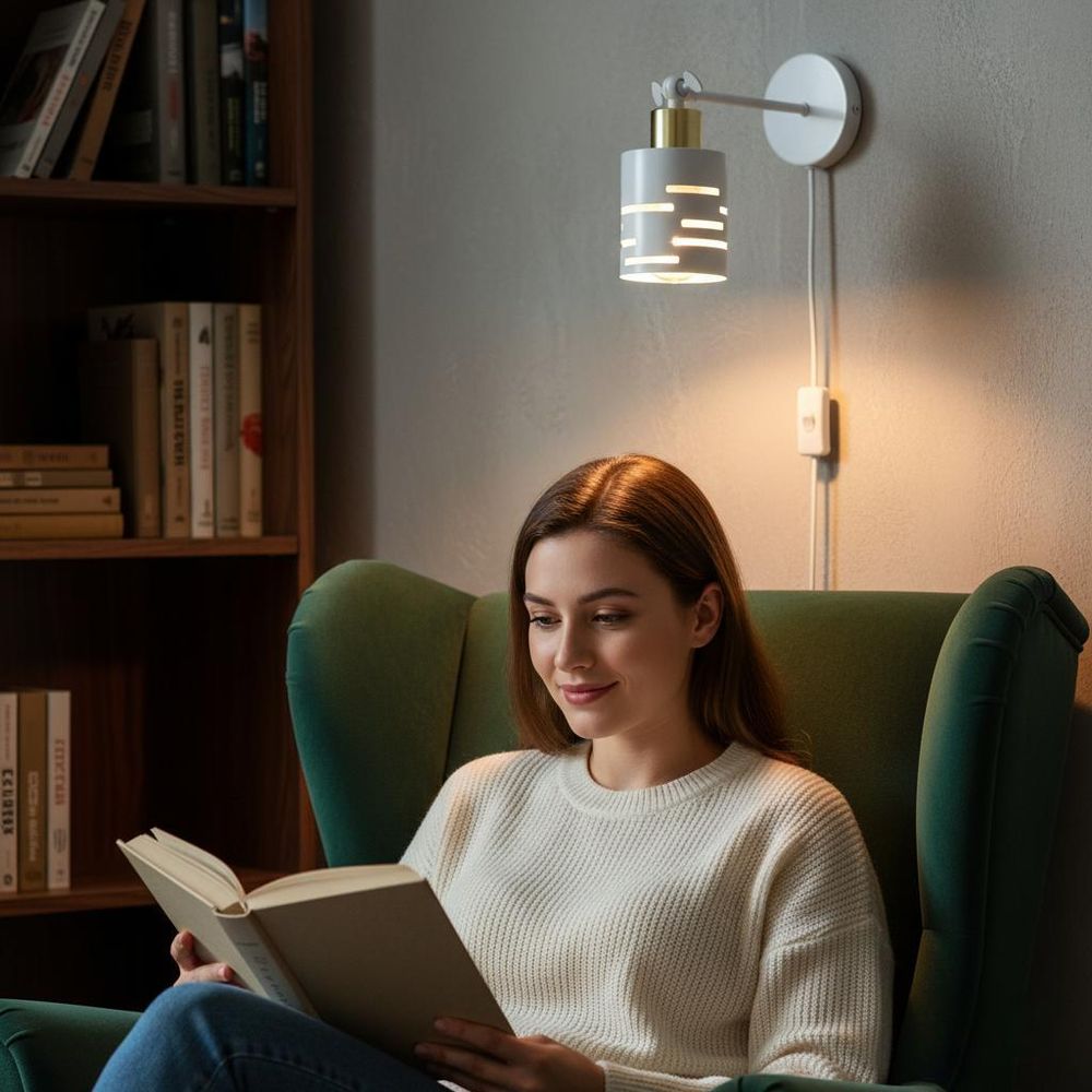 MasterLED Wandlampe E27 - Weiß mit Gold - Schwenkbare Innenleuchte mit Stecker und Schalter - Modern und praktisch