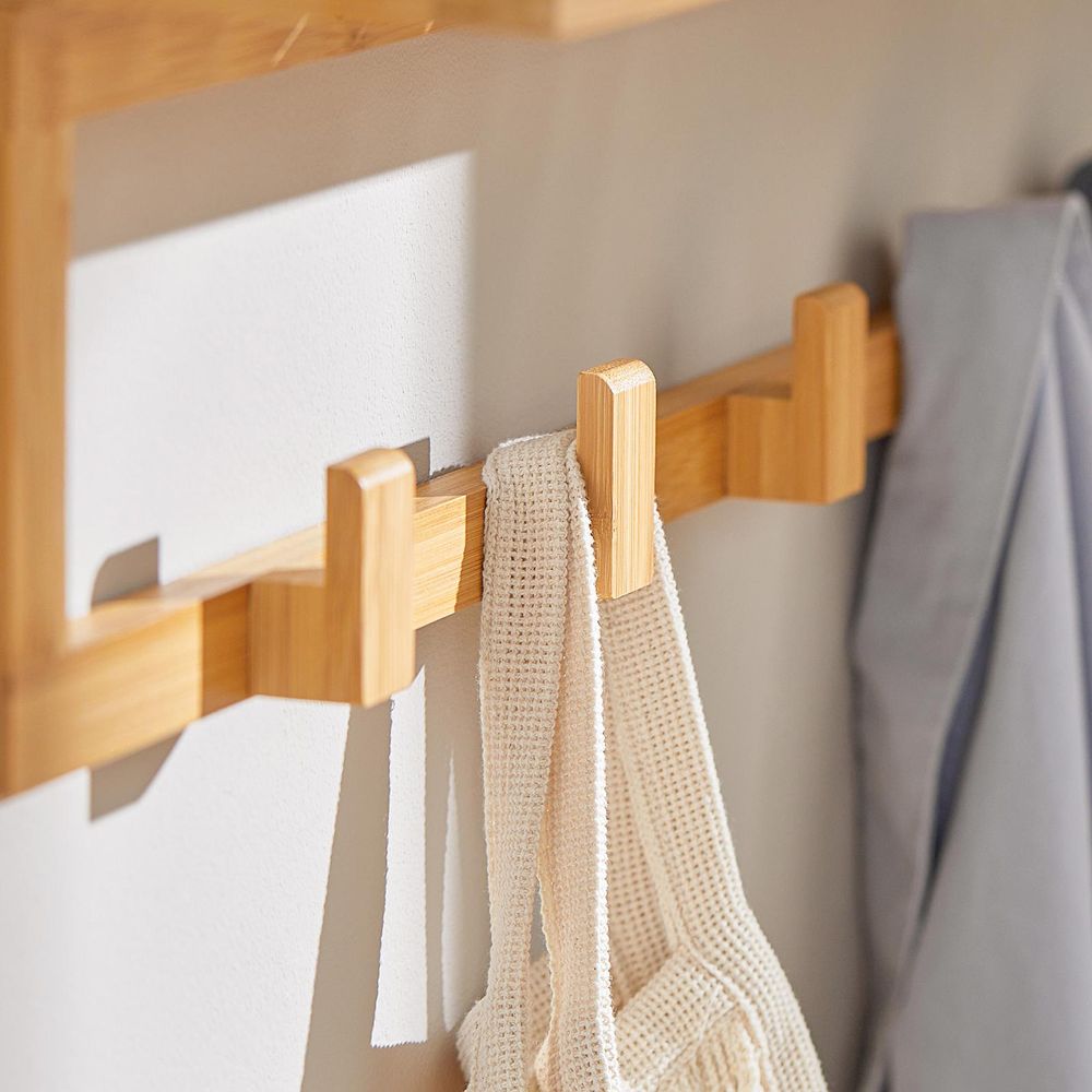 SoBuy Flurgarderobe Badregal Wandgarderobe mit 6 Haken und Ablage Handtuchhalter aus Bambus BHT ca: 90x16,5x12,5cm FHK06-N