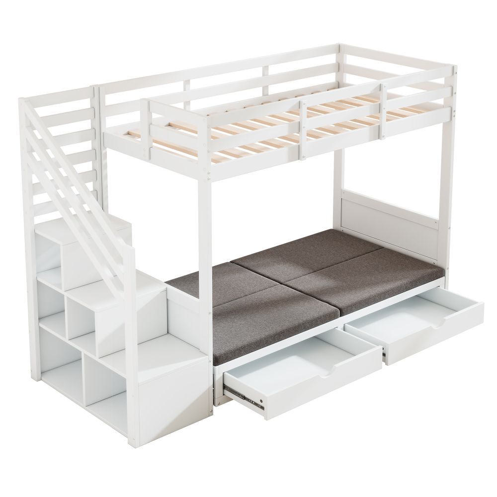 Flieks Etagenbett 90x200cm mit Vestellbarem Doppelsofa, Kinderbett Hochbett mit 2 Schubladen, Einzelbett Holzbett Stockbett mit Stauraumtreppe, Weiß