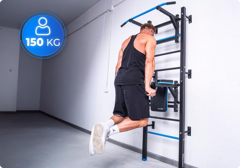 THUNDER Sprossenwand Kraftstation mit Klimmzugstange Dip-Station und Trainingsbank bis 150 kg