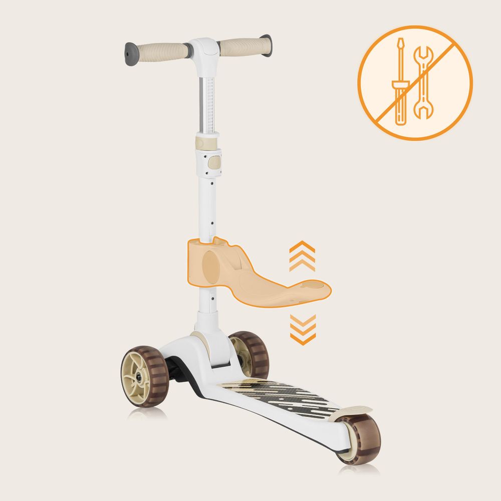 Lionelo Franky 2in1 Kinder Laufrad bis 20 kg Balance Roller bis 50 kg Höhenverstellbar, LED-Räder, rutschfestes Trittbrett, Korb Beige