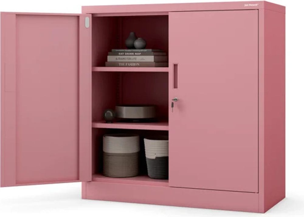 Kleiner Aktenschrank C001B Büroschrank mit Flügeltüren Metallschrank Lagerschrank Pulverbeschichtet Stahlblech Abschließbar 92,5 x 90 x 40 cm, Farbe: Rosa
