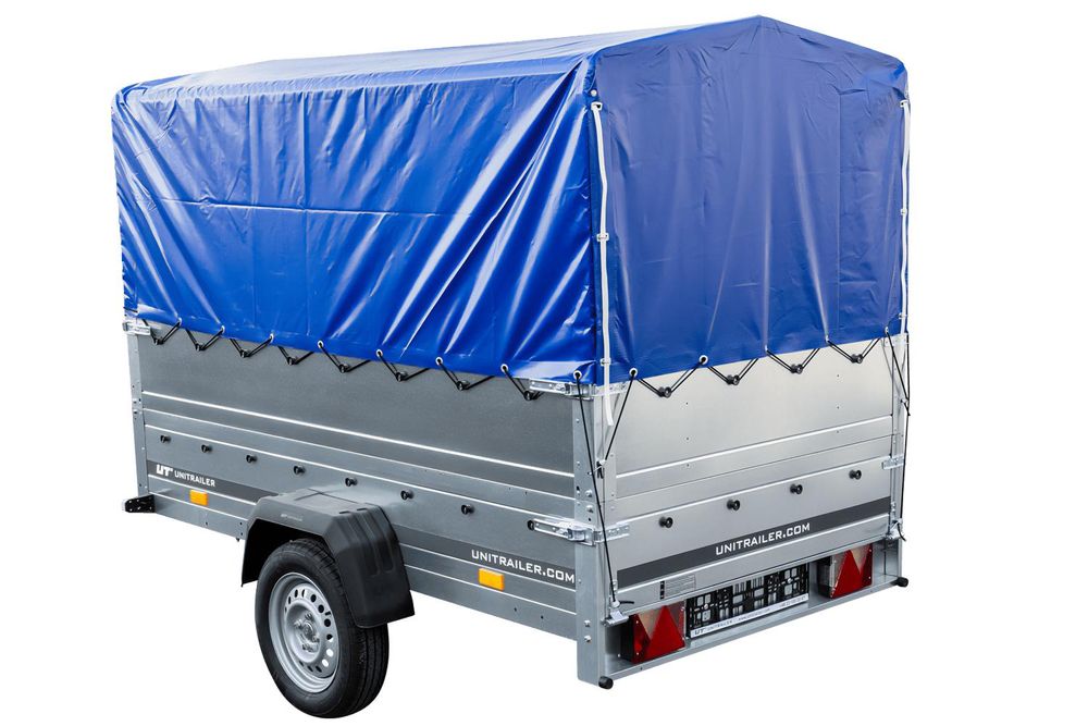 Przyczepka lekka 230x125 UNITRAILER GARDEN 230 KIPP z burtami BIS, stelażem H-800 i pokrowcem niebieskim
